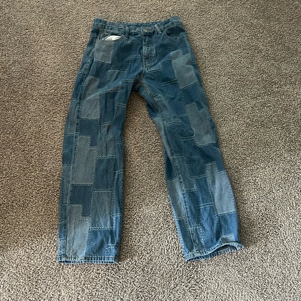 Medium Shein fun patterned jeans. Fit really slim, so more of a small.